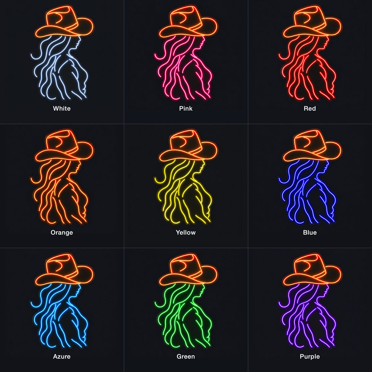 Cowgirl Wavy Hair Profile LED Neon Sign - nine-color grid