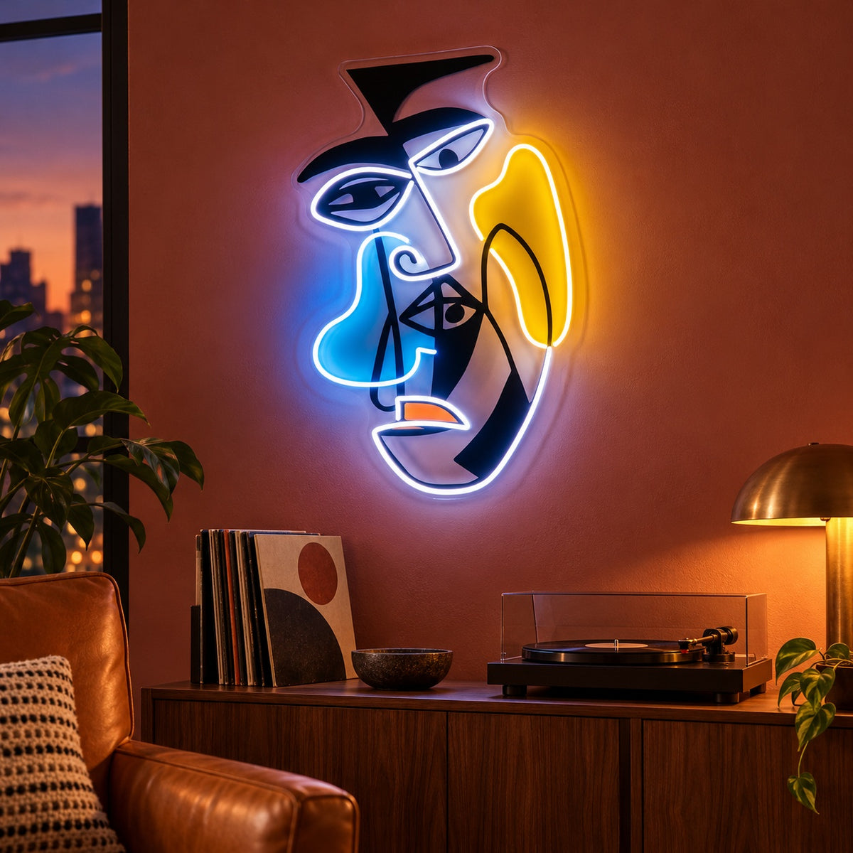 Abstract Cubist Face LED Neon Sign - advertising view