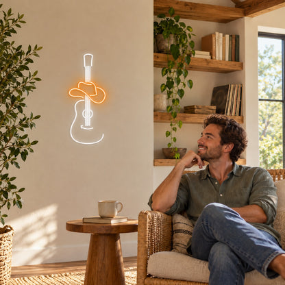 Acoustic Guitar with Cowboy Hat LED Neon Sign - lifestyle view