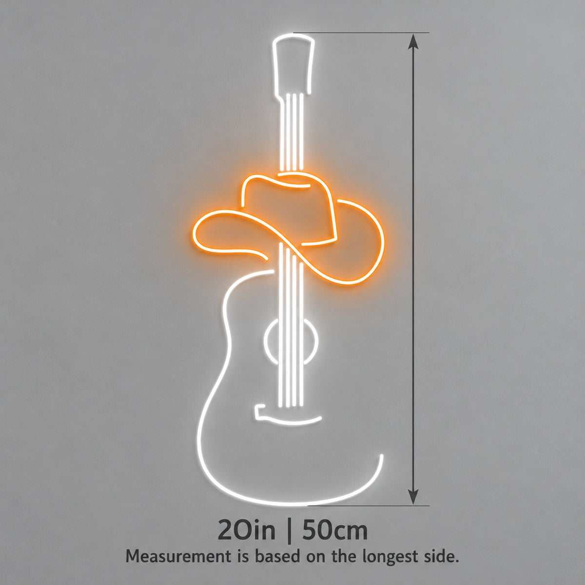 Acoustic Guitar with Cowboy Hat LED Neon Sign - size guide