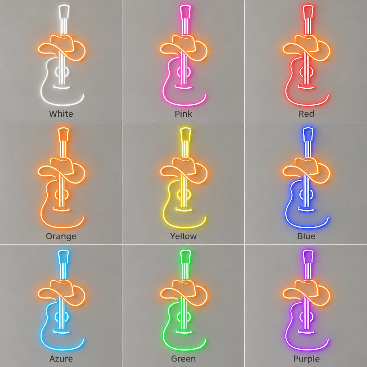 Acoustic Guitar with Cowboy Hat LED Neon Sign - nine-color grid