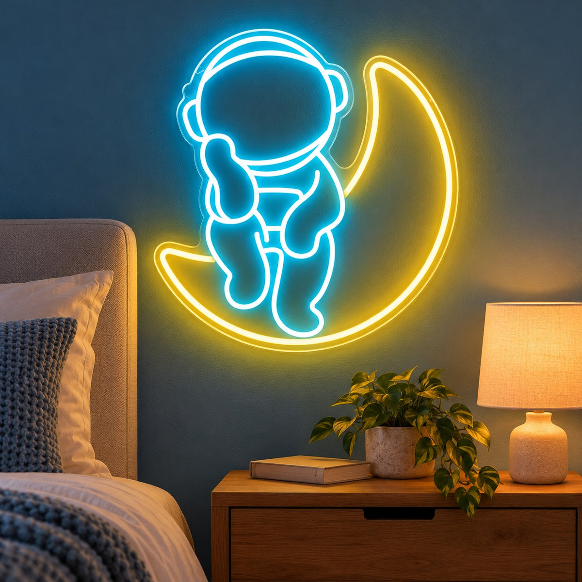 Astronaut On Crescent Moon LED Neon Sign - advertising view