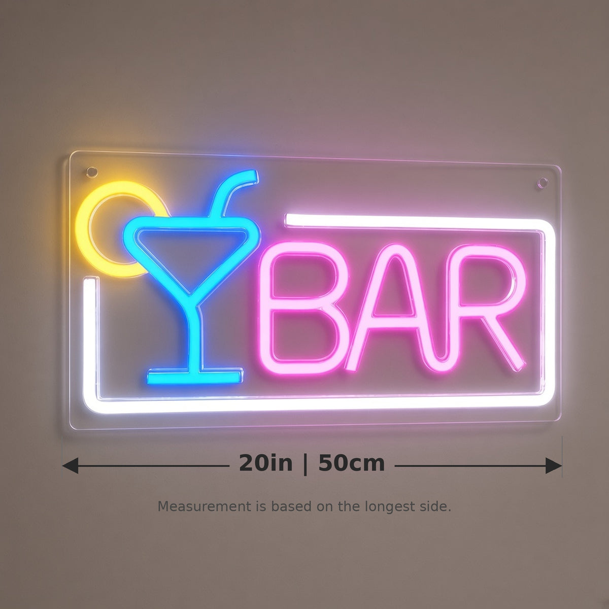 Bar BAR Cocktail Glass Lemon Framed Light for Home Pub LED Neon Sign - size guide