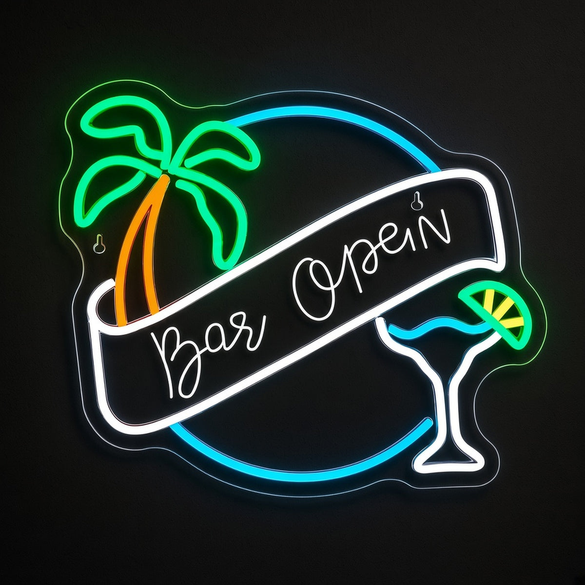 Bar Open Palm Tree Martini Glass Banner for Tiki Home Bar LED Neon Sign - product hero