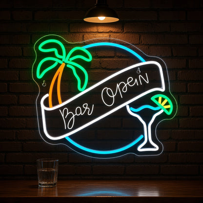 Bar Open Palm Tree Martini Glass Banner for Tiki Home Bar LED Neon Sign - advertising view