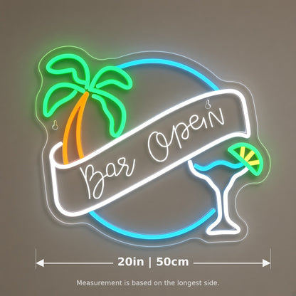 Bar Open Palm Tree Martini Glass Banner for Tiki Home Bar LED Neon Sign - size guide