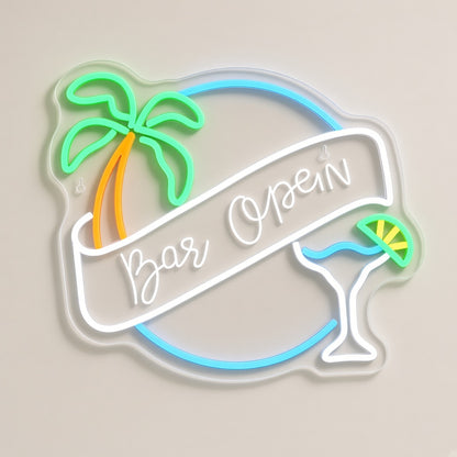 Bar Open Palm Tree Martini Glass Banner for Tiki Home Bar LED Neon Sign - natural light view