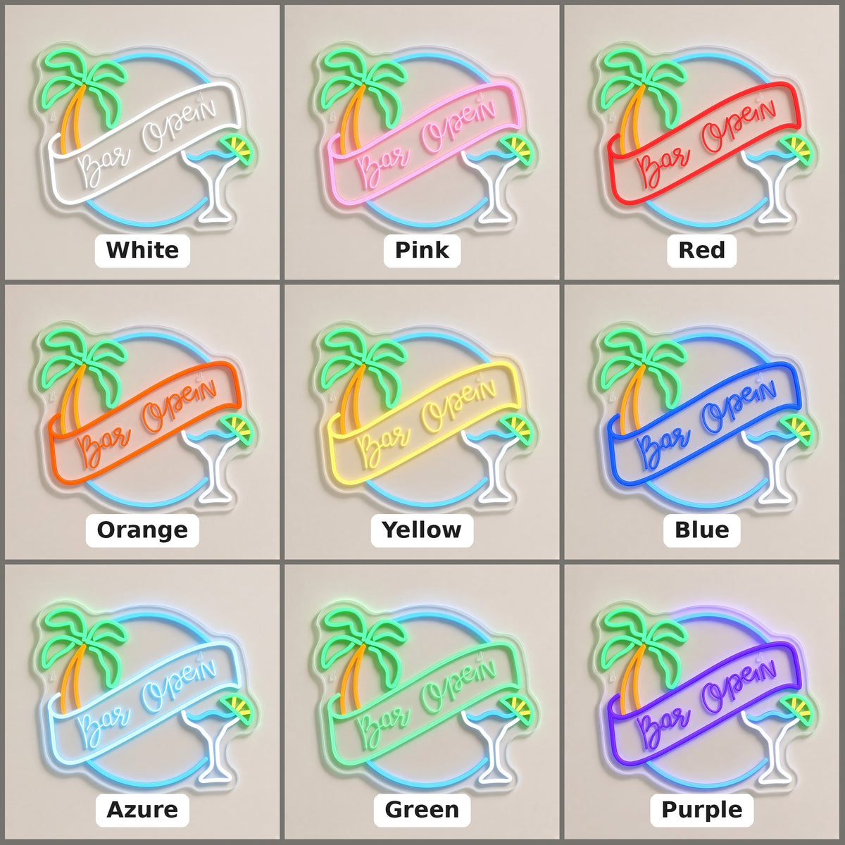 Bar Open Palm Tree Martini Glass Banner for Tiki Home Bar LED Neon Sign - nine-color grid