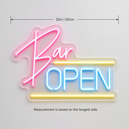 Bar Open Pub Decor LED Neon Sign - size guide