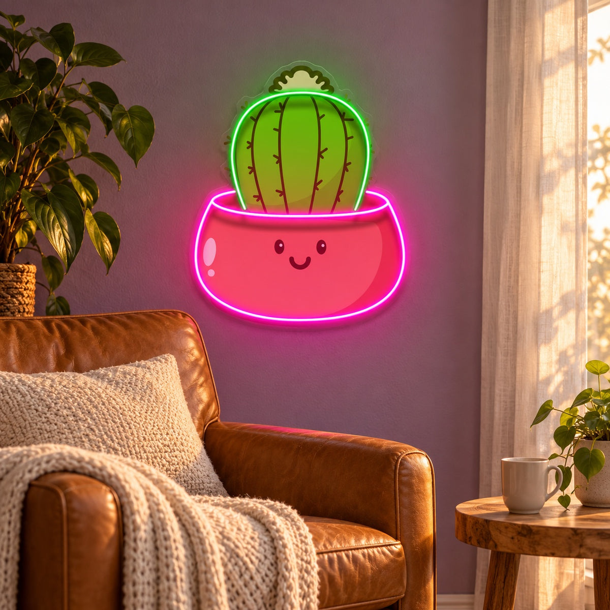 Barrel Cactus in Smiling Pot LED Neon Sign - lifestyle view