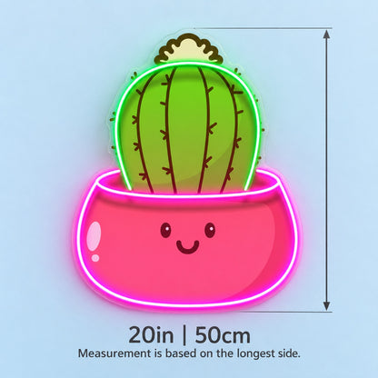 Barrel Cactus in Smiling Pot LED Neon Sign - size guide