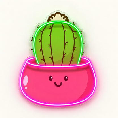 Barrel Cactus in Smiling Pot LED Neon Sign - natural light view