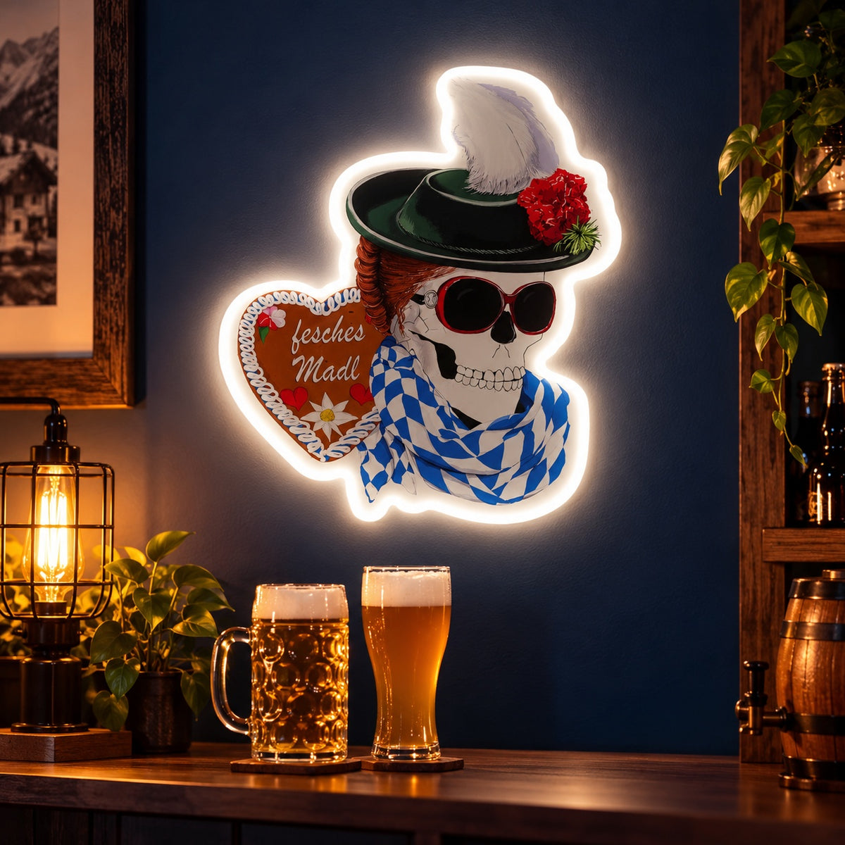 Bavarian Skull Girl LED Neon Sign - advertising view