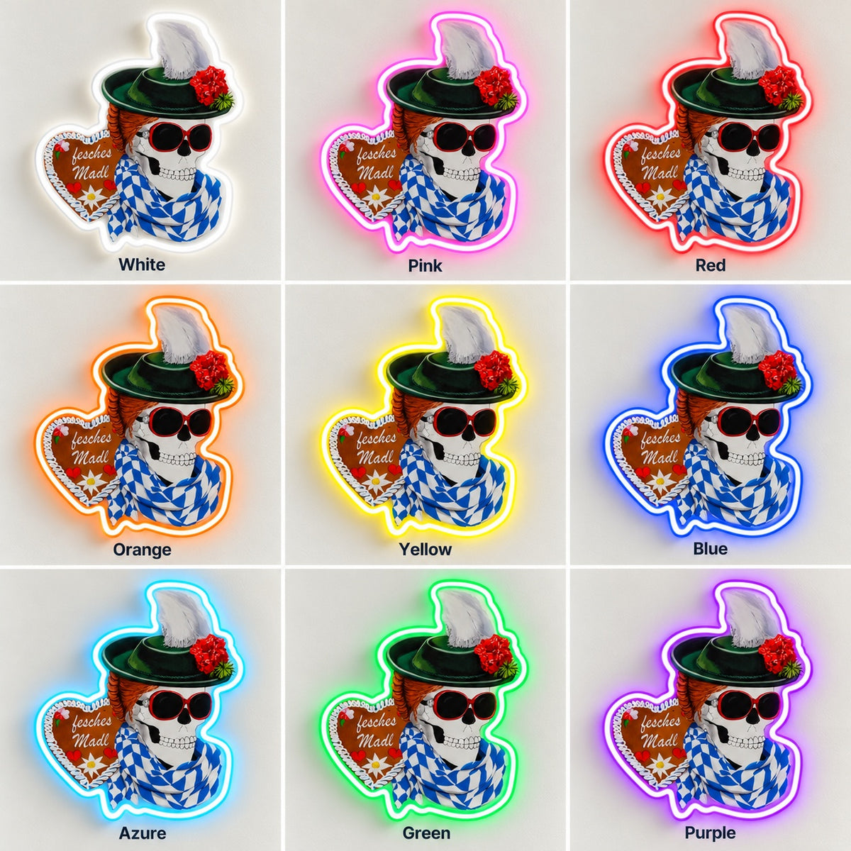 Bavarian Skull Girl LED Neon Sign - nine-color grid