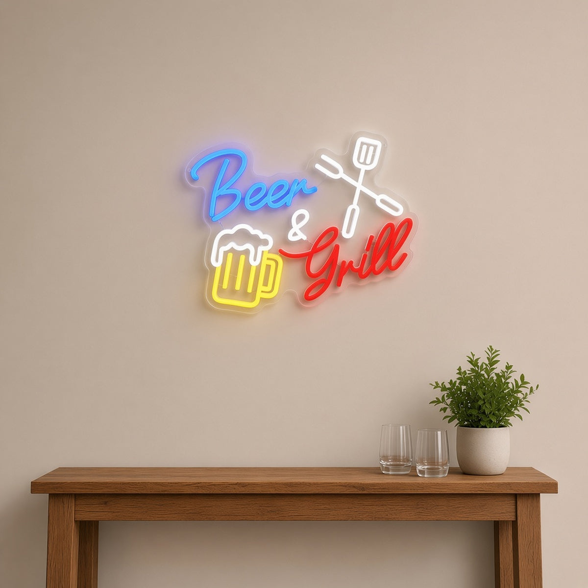 Beer and Grill Grill Mug Spatula Fork for BBQ Bar LED Neon Sign - lifestyle view