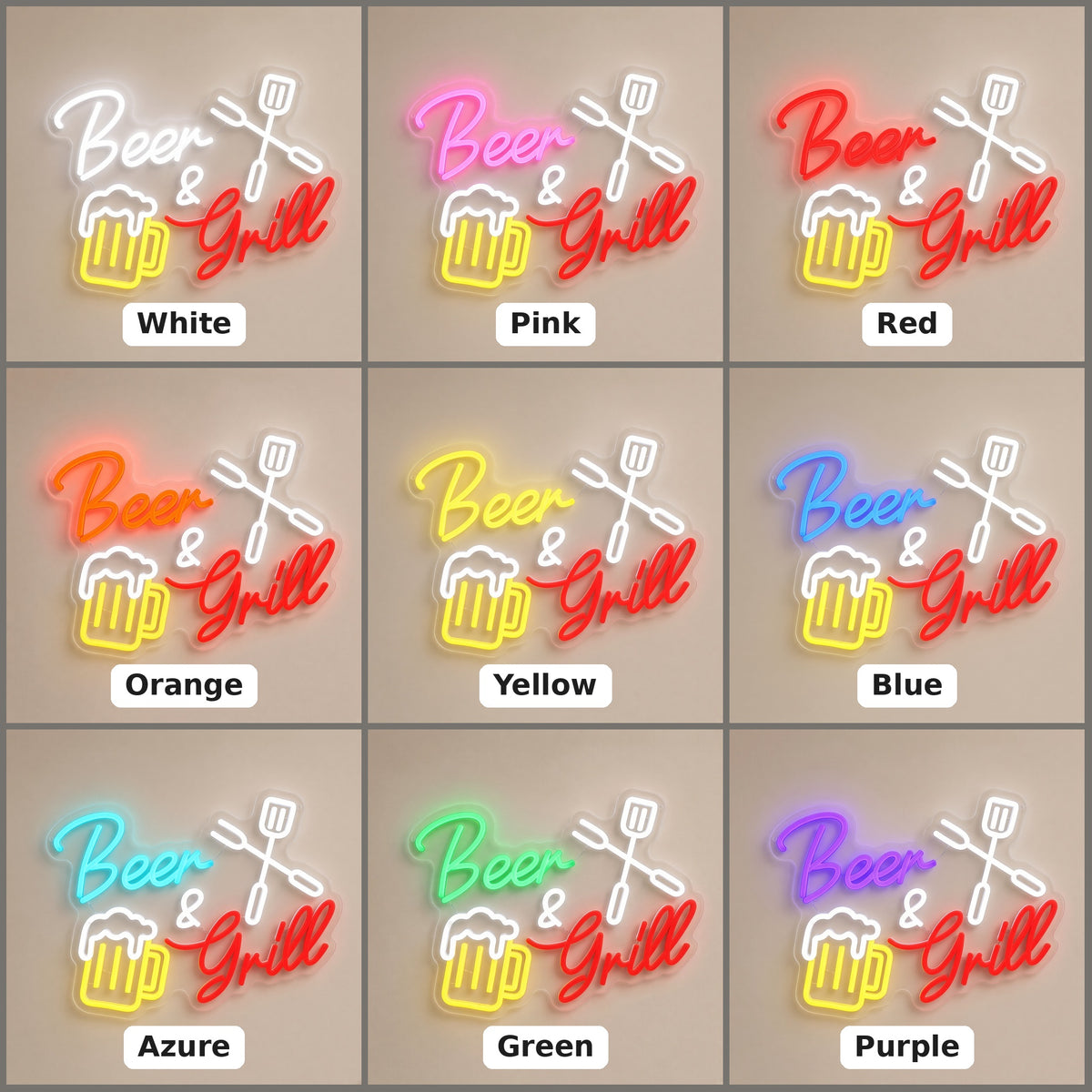 Beer and Grill Grill Mug Spatula Fork for BBQ Bar LED Neon Sign - nine-color grid