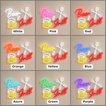 Beer and Grill Grill Mug Spatula Fork for BBQ Bar LED Neon Sign - nine-color grid