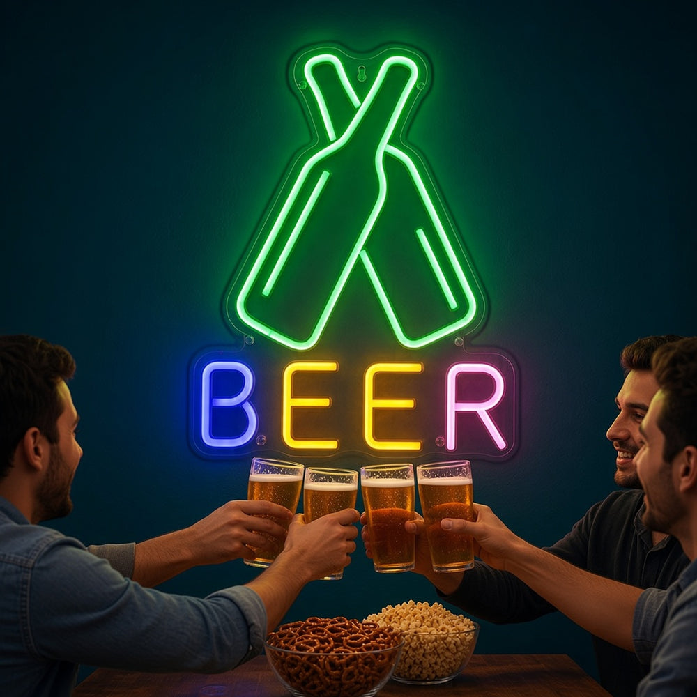 Beer Monogram Beer Bottles Crossed Bottles Rainbow Letters for Pub LED Neon Sign ...