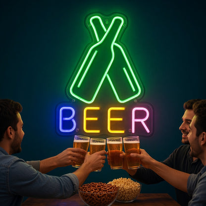 Beer Bottles Crossed Bottles Rainbow Letters for Pub LED Neon Sign - advertising view