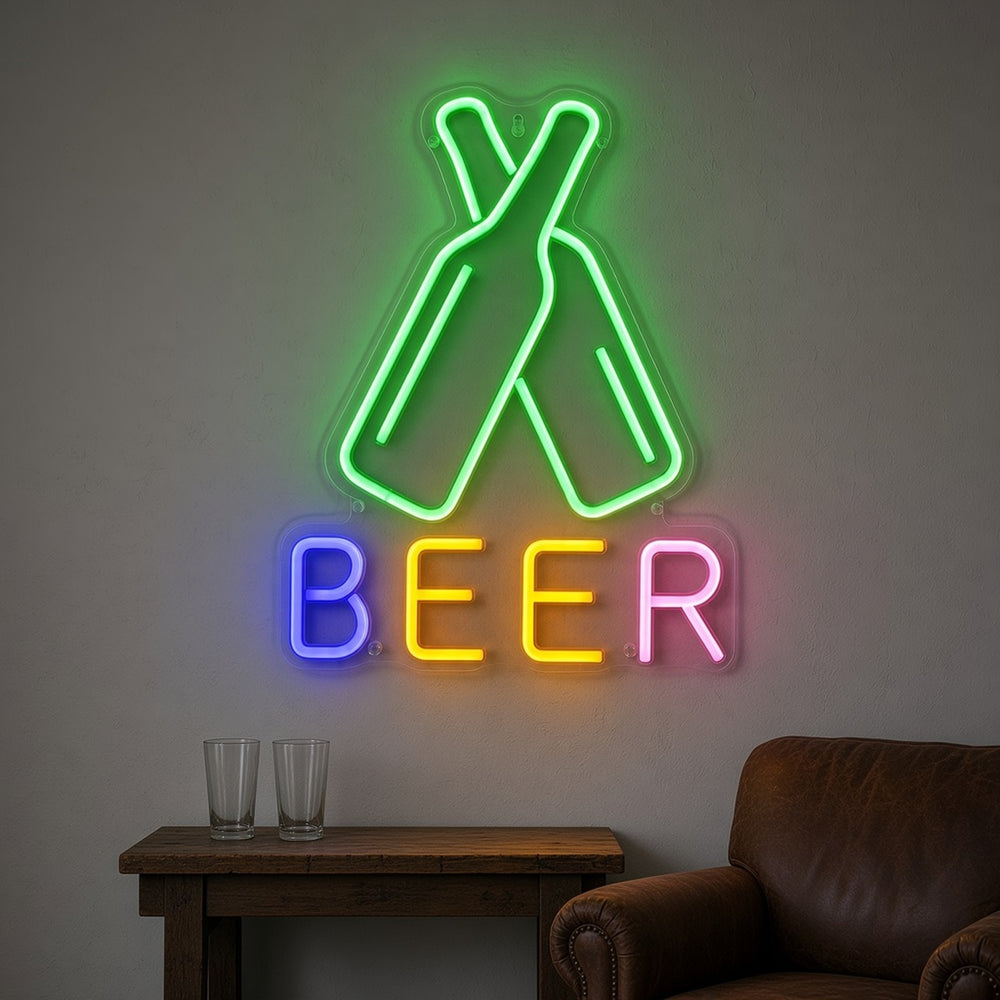 Beer Bottles Crossed Bottles Rainbow Letters for Pub LED Neon Sign ...