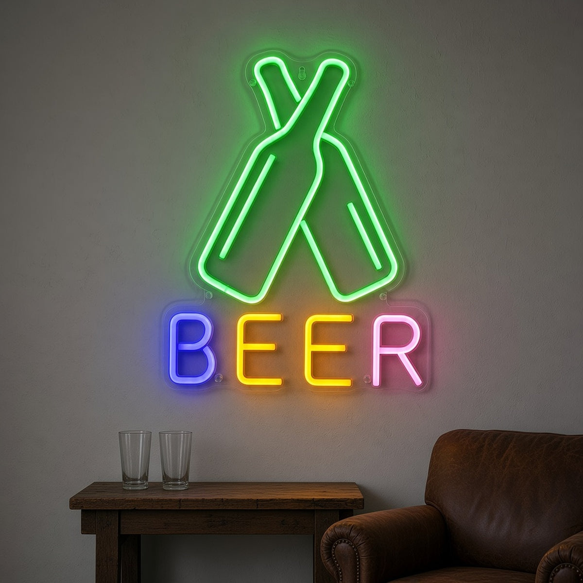 Beer Bottles Crossed Bottles Rainbow Letters for Pub LED Neon Sign - lifestyle view
