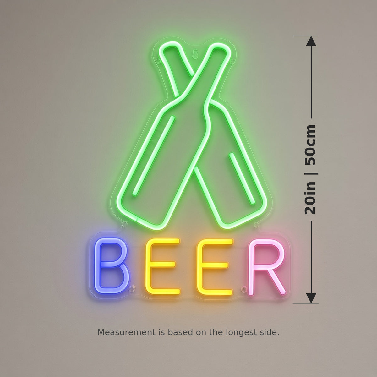 Beer Bottles Crossed Bottles Rainbow Letters for Pub LED Neon Sign - size guide