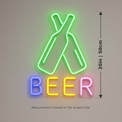 Beer Bottles Crossed Bottles Rainbow Letters for Pub LED Neon Sign - size guide