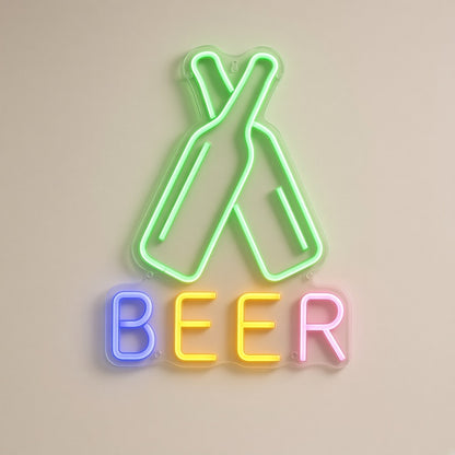 Beer Bottles Crossed Bottles Rainbow Letters for Pub LED Neon Sign - natural light view
