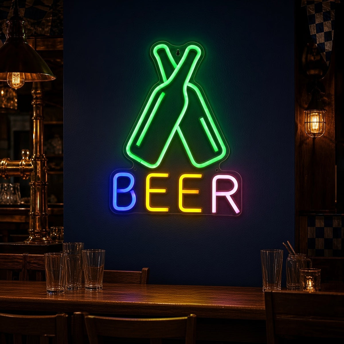 Beer with Crossed Bottles for Home Bar Man Cave LED Neon Sign - advertising view