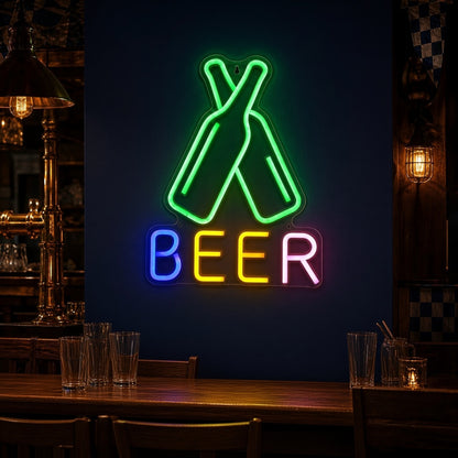 Beer with Crossed Bottles for Home Bar Man Cave LED Neon Sign - advertising view