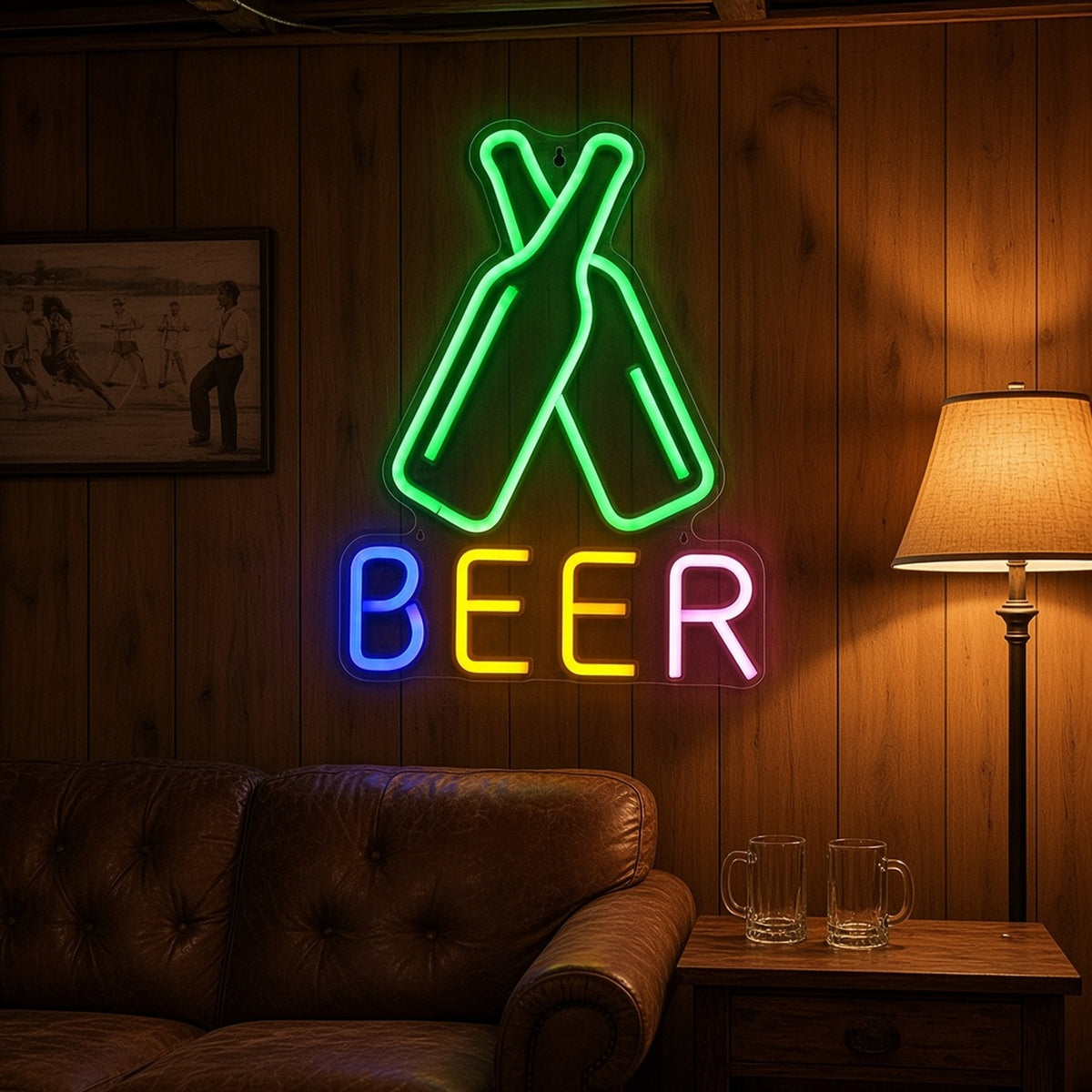 Beer with Crossed Bottles for Home Bar Man Cave LED Neon Sign - lifestyle view