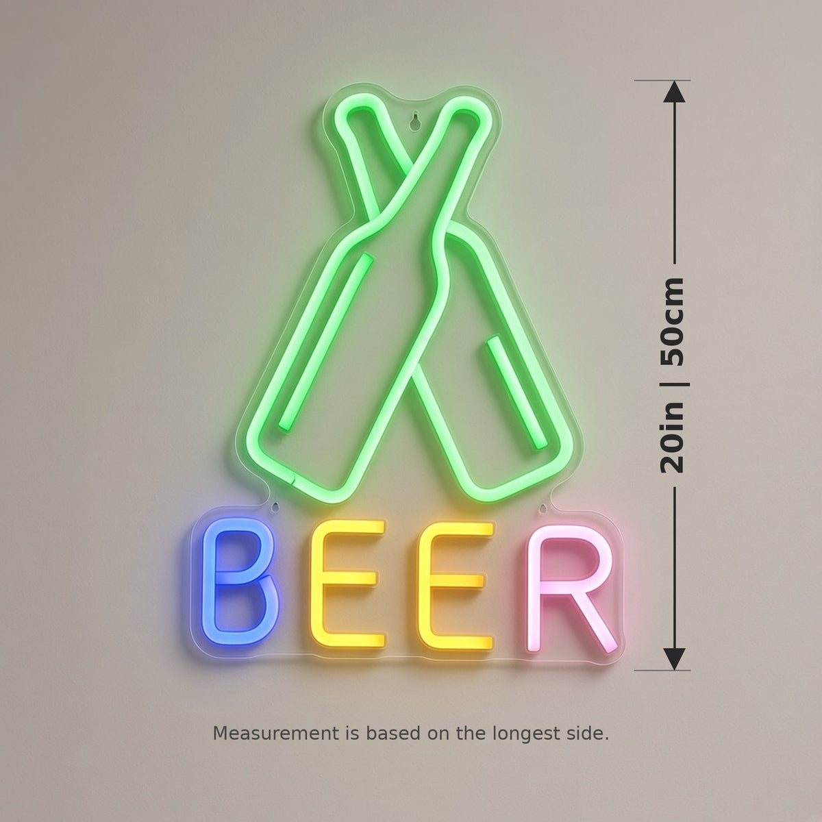 Beer with Crossed Bottles for Home Bar Man Cave LED Neon Sign - size guide