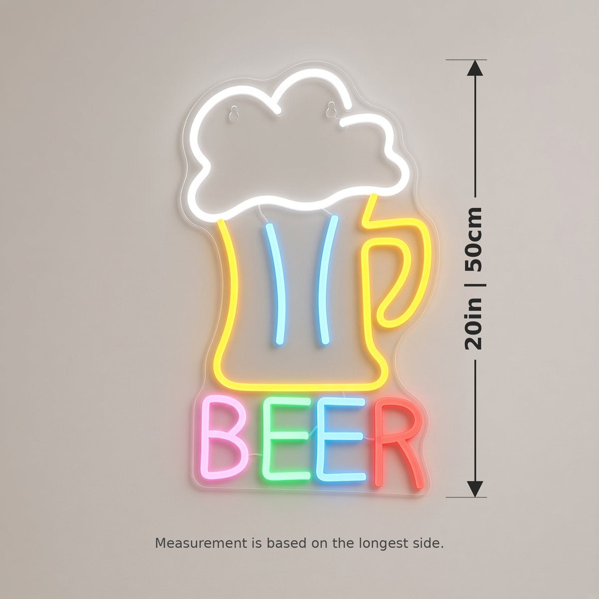Beer Mug Foamy Pint Rainbow Letters for Pub Garage LED Neon Sign - size guide