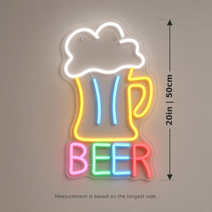 Beer Mug Frothy Stein Colorful BEER Letters for Basement Bar LED Neon Sign - size guide