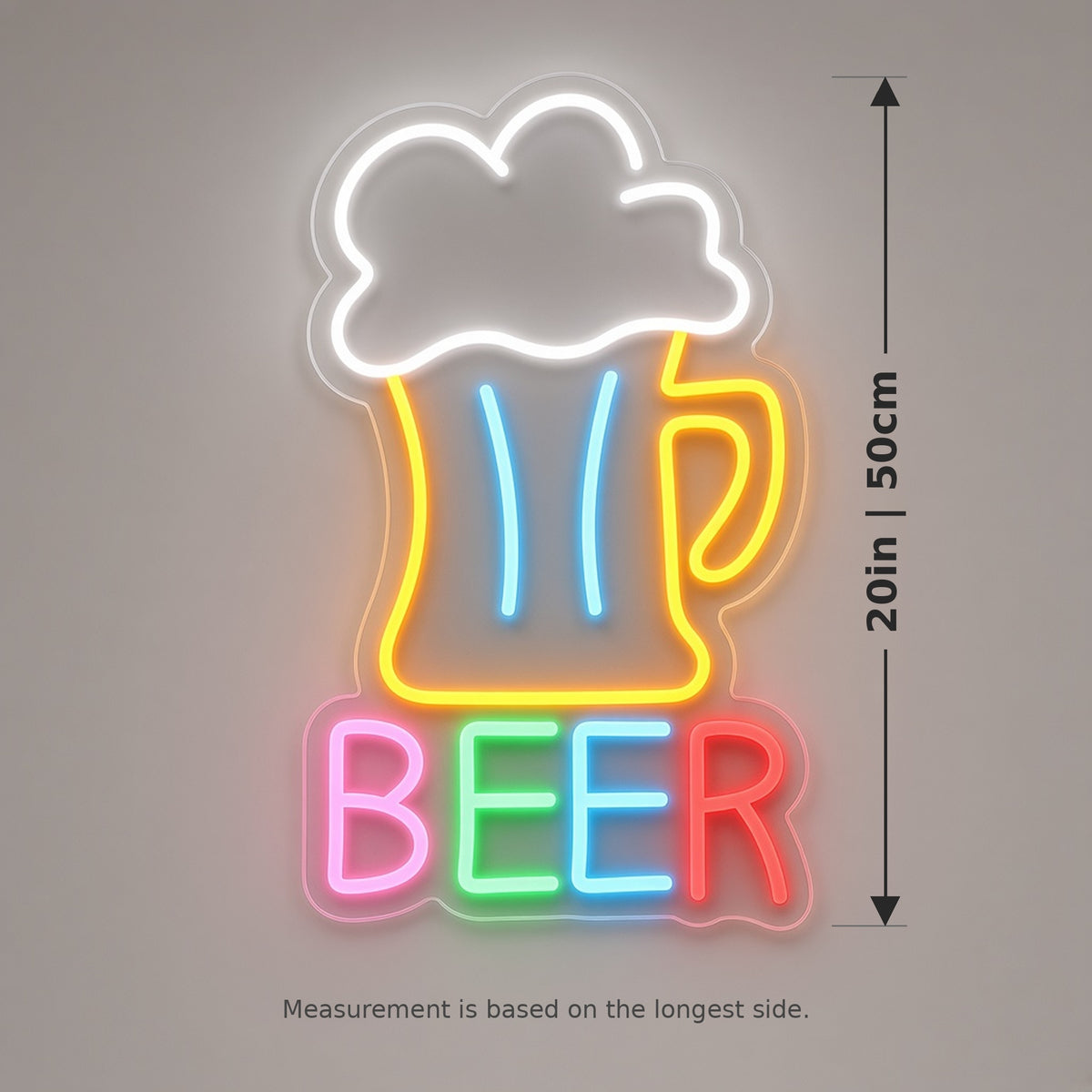 Beer Mug Golden Pint Foam Multicolor BEER for Man Cave Bar LED Neon Sign - size guide