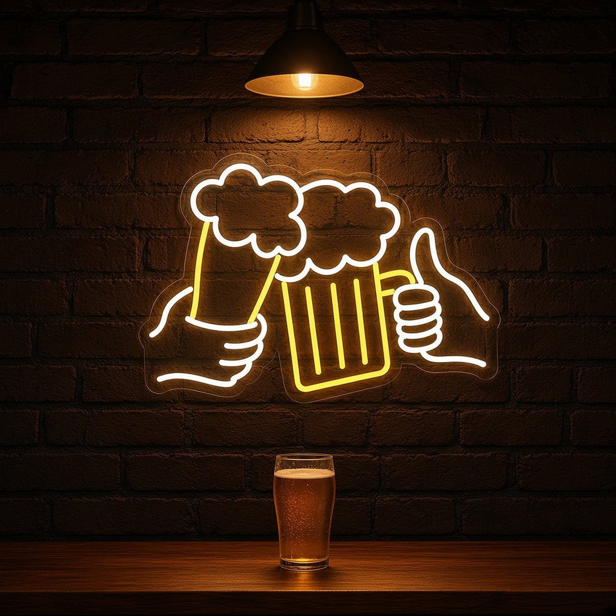 Beer Toast Glass and Mug Hands Thumbs Up for Bar Pub LED Neon Sign - advertising view