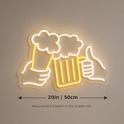 Beer Toast Glass and Mug Hands Thumbs Up for Bar Pub LED Neon Sign - size guide