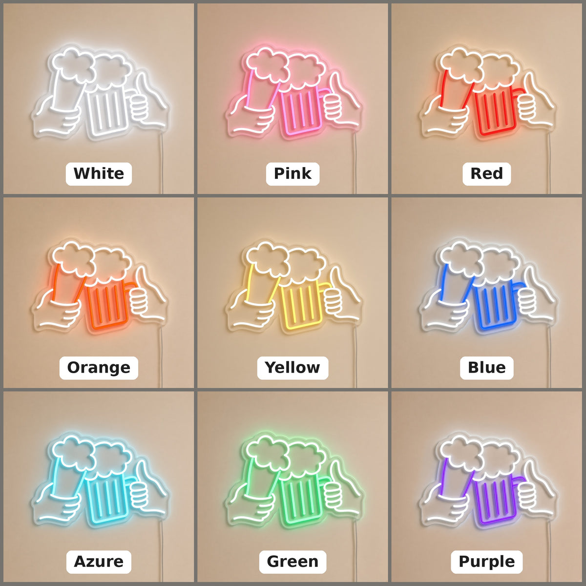 Beer Toast Glass and Mug Hands Thumbs Up for Bar Pub LED Neon Sign - nine-color grid