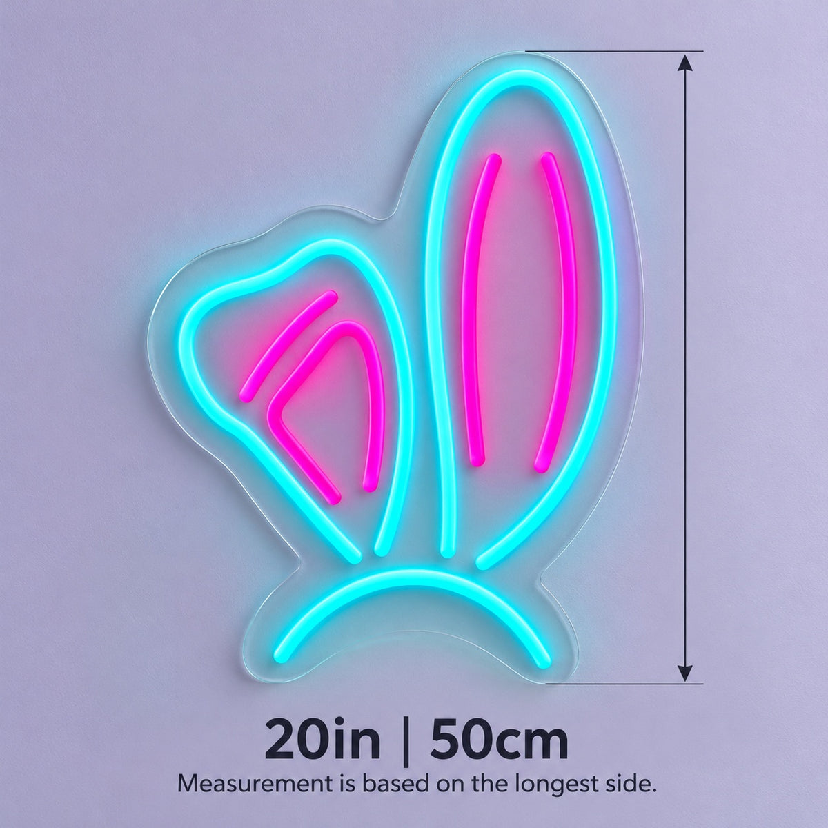 Bent Bunny Ears LED Neon Sign - size guide
