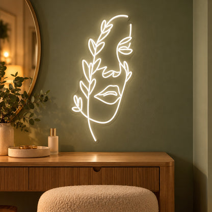 Botanical Woman Face LED Neon Sign - advertising view