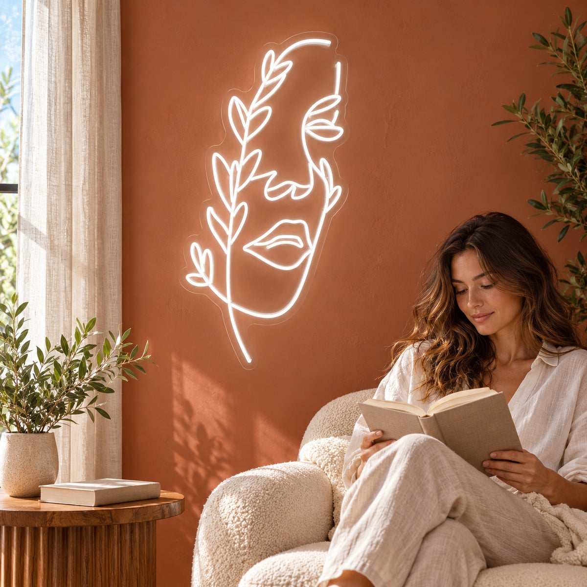 Botanical Woman Face LED Neon Sign - lifestyle view