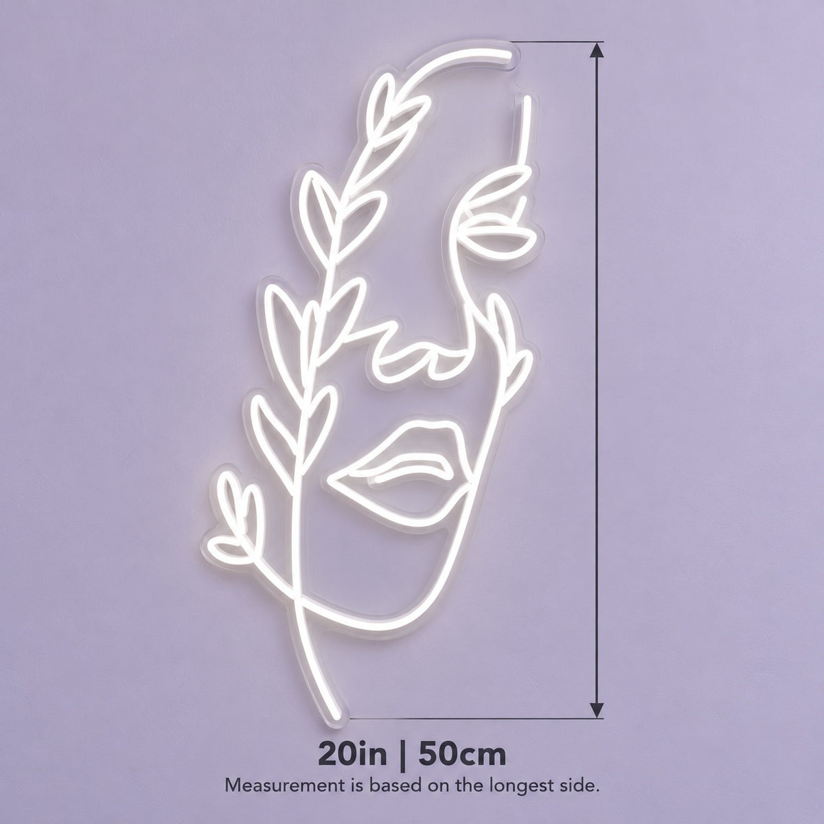 Botanical Woman Face LED Neon Sign - size guide