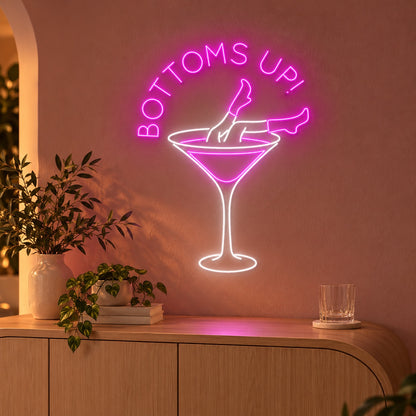 BOTTOMS UP! Cowgirl Martini Glass LED Neon Sign - advertising view