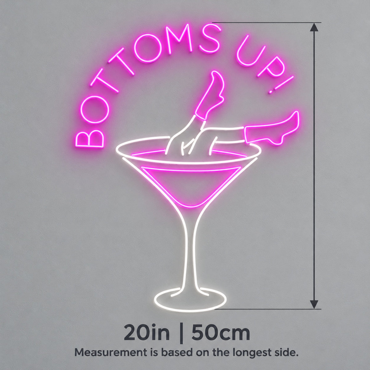 BOTTOMS UP! Cowgirl Martini Glass LED Neon Sign - size guide