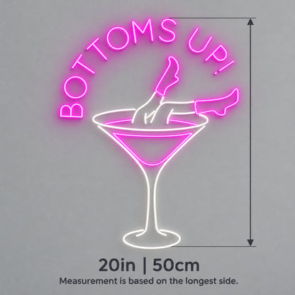 BOTTOMS UP! Cowgirl Martini Glass LED Neon Sign - size guide