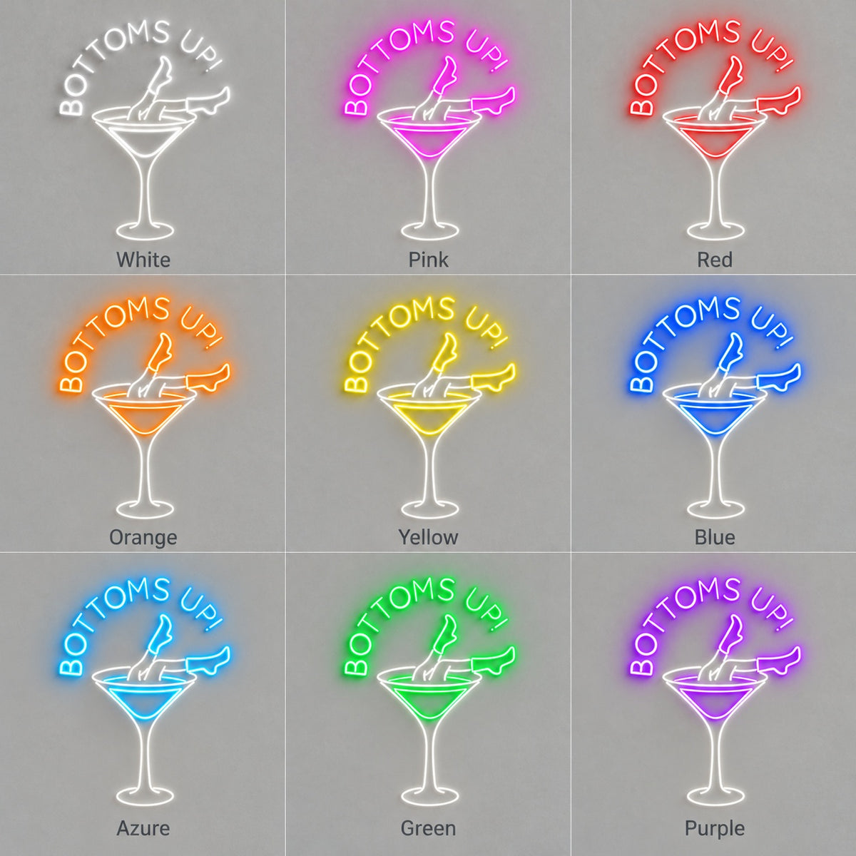BOTTOMS UP! Cowgirl Martini Glass LED Neon Sign - nine-color grid