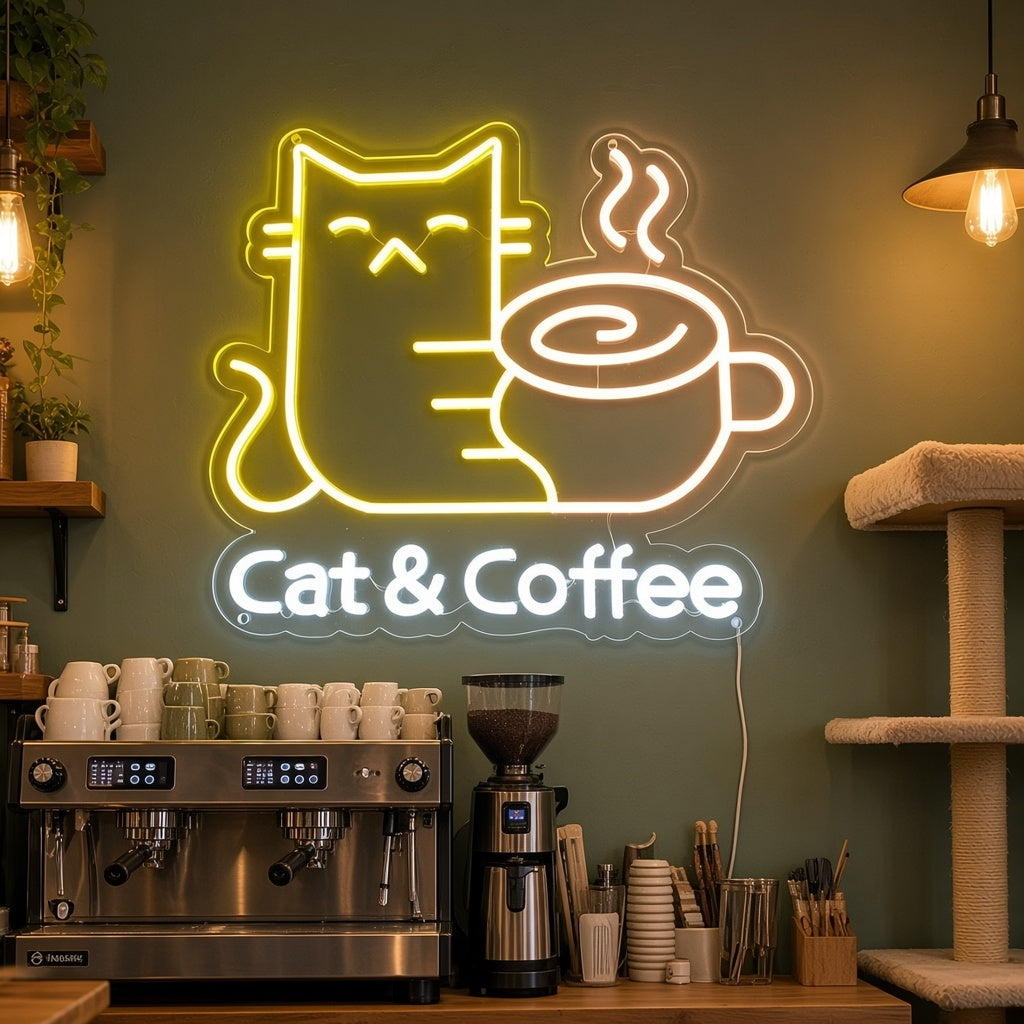 Cat & Coffee LED Neon Sign - advertising view