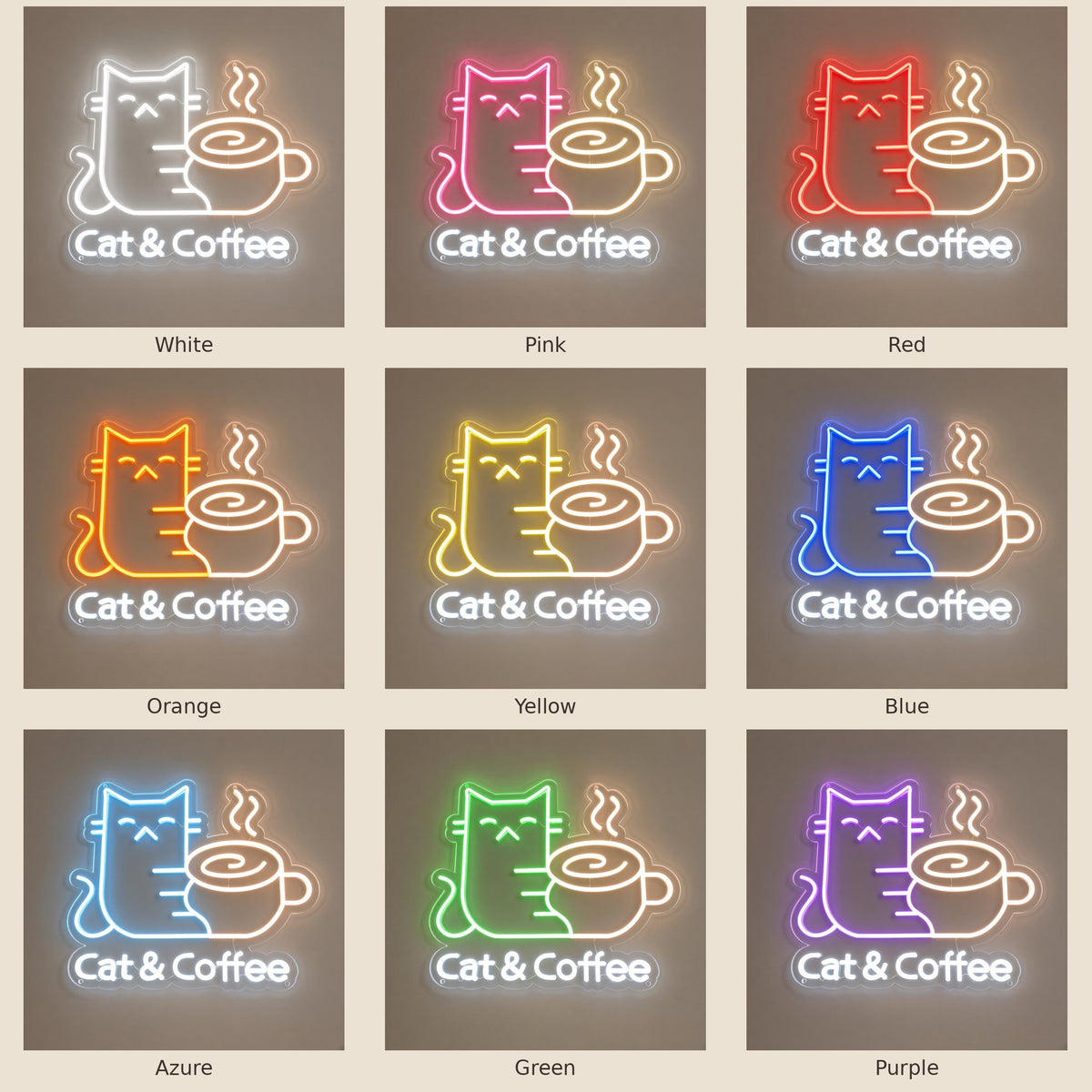 Cat & Coffee LED Neon Sign - nine-color grid