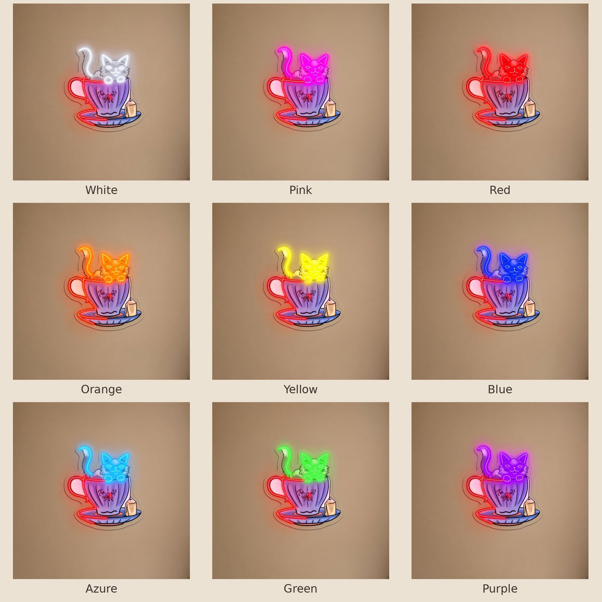 Cat in Teacup LED Neon Sign - nine-color grid