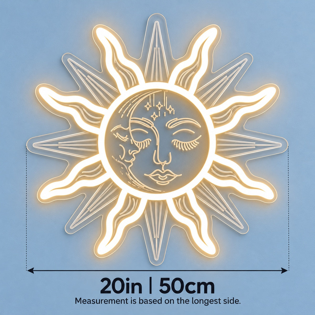 Celestial Sun Moon Face LED Neon Sign - size guide